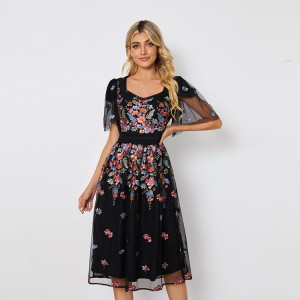 Flower Jacquard Flutter Sleeve Dress