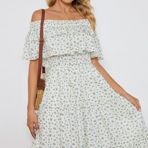 Off-Shoulder Multi-Layer Flounce Collar Floral Printing Dress