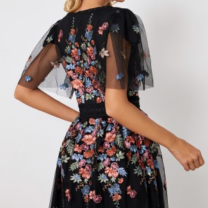 Flower Jacquard Flutter Sleeve Dress