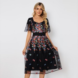 Flower Jacquard Flutter Sleeve Dress