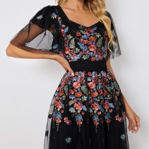 Flower Jacquard Flutter Sleeve Dress