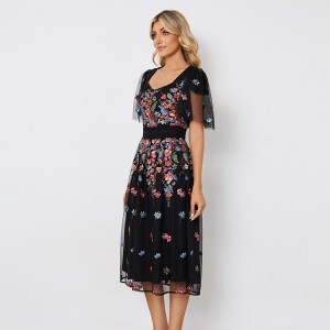 Flower Jacquard Flutter Sleeve Dress